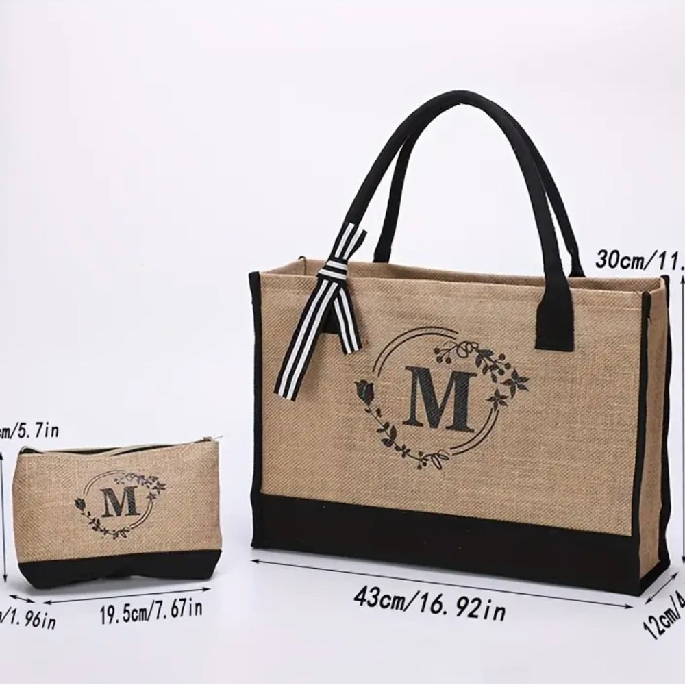 NWT Initial Jute Tote Bag & Makeup Bag w Zipper Adjustable Straps. Initial “M”